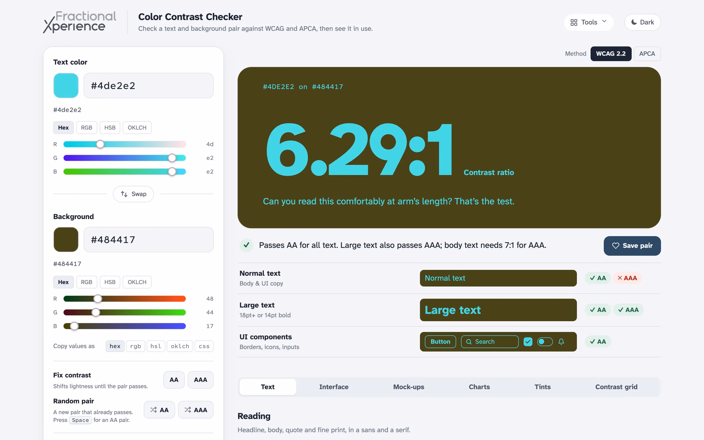 Color Contrast Checker testing cyan text on an olive background at a 6.29 to 1 ratio, with pass and fail badges for normal text, large text and UI components.