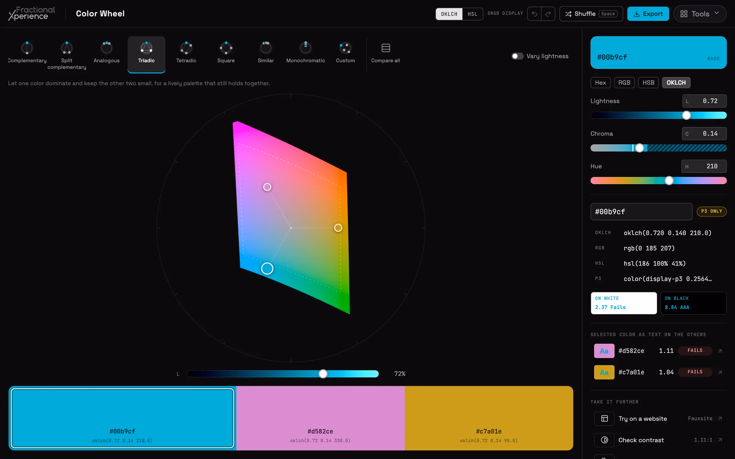 Color Wheel in dark mode building a triadic harmony of cyan, orchid and gold on the Display P3 gamut, with OKLCH sliders and color values alongside.