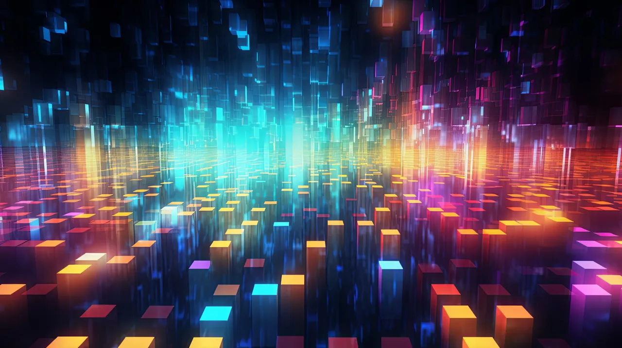 An abstract 3D grid of glowing cubes receding into the distance, lit in cyan, magenta, and amber, suggesting image data resolving out of darkness.