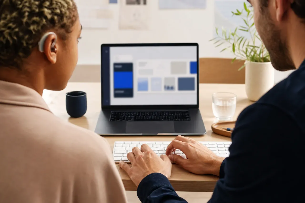 Two people reviewing a high-contrast website interface on a laptop, one wearing a hearing aid.