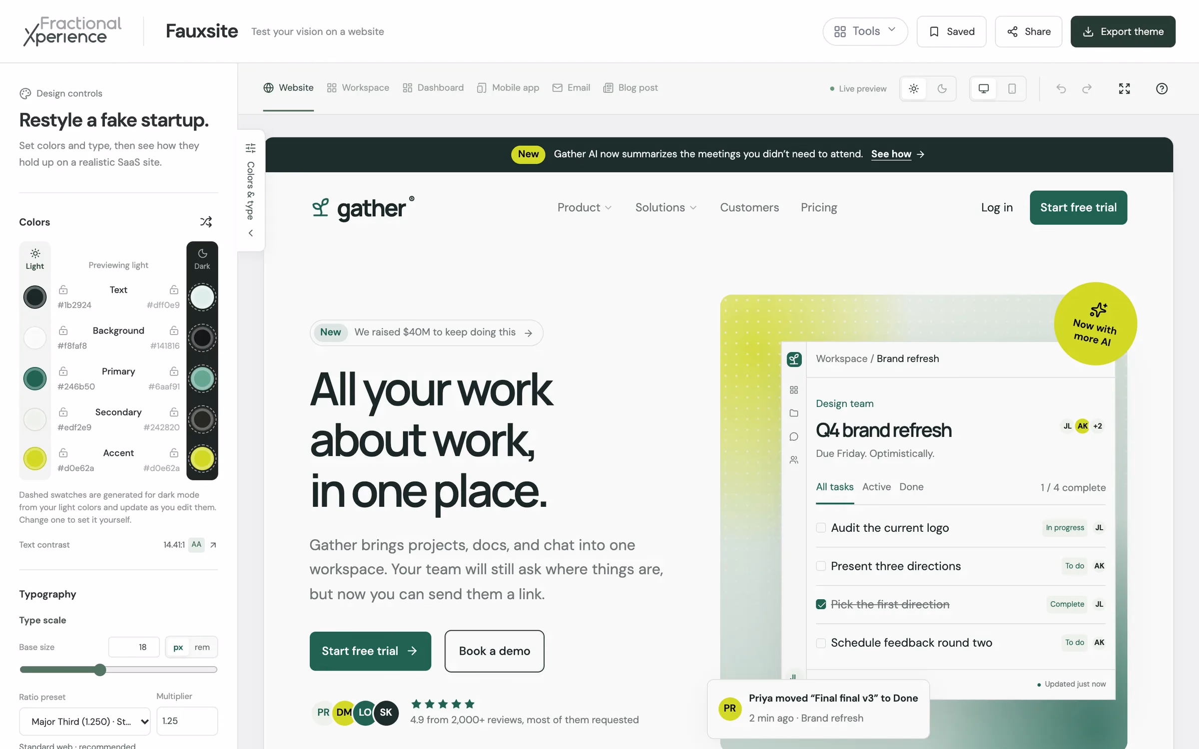 Fauxsite showing a fictional SaaS homepage called Gather, styled in deep green and lime, beside the panel of color roles and typography controls.