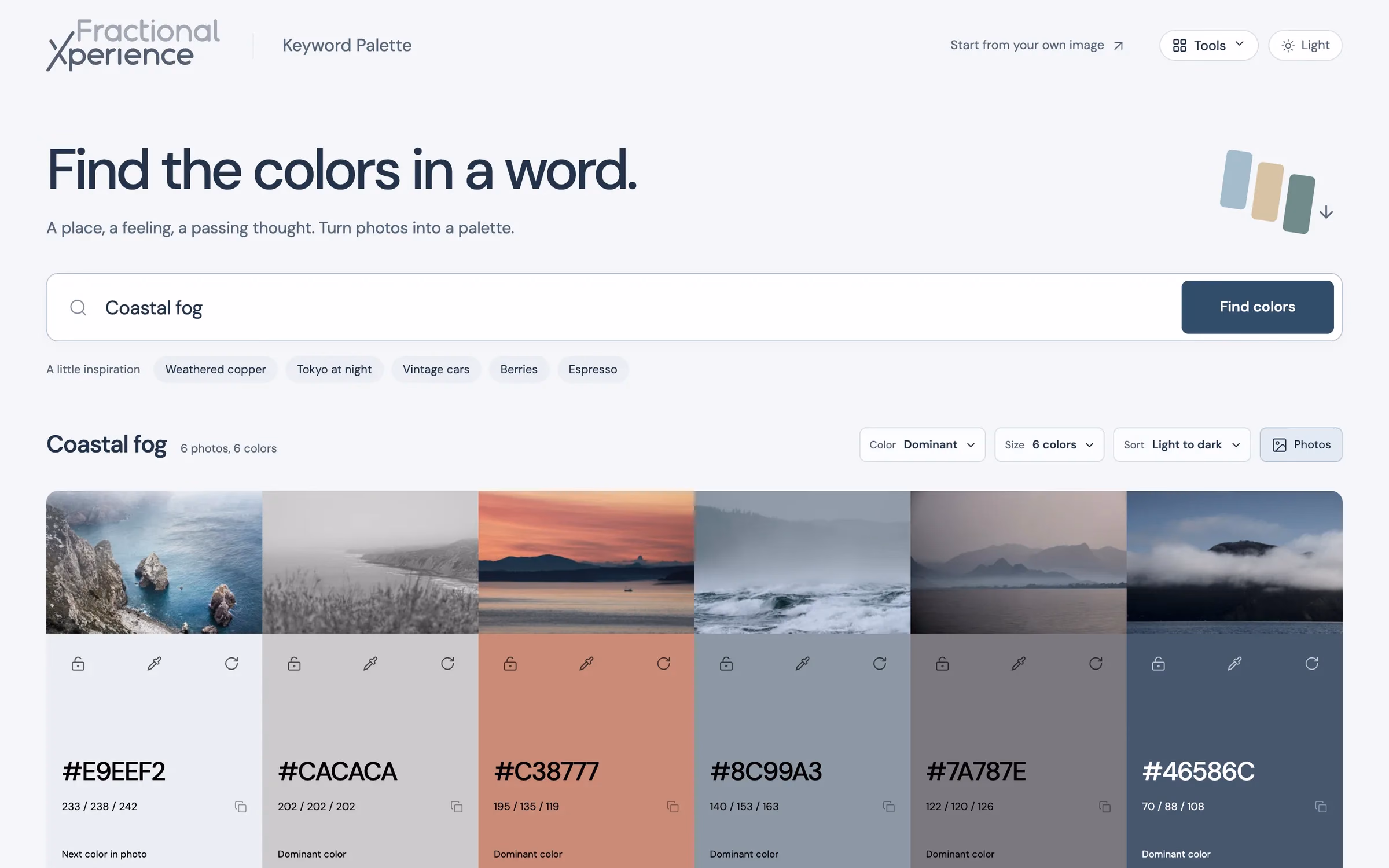 Keyword Palette showing six muted blue-gray and terracotta colors found for the search “Coastal fog”, each under the Unsplash photo it came from.