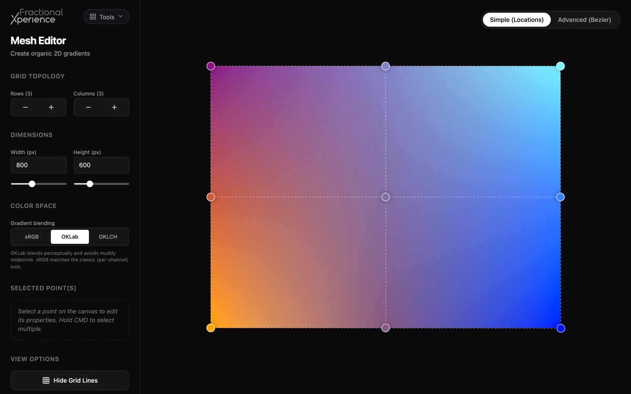 Mesh Gradient Editor with a three by three mesh blending magenta, cyan, orange and blue, beside grid, size and color space controls.