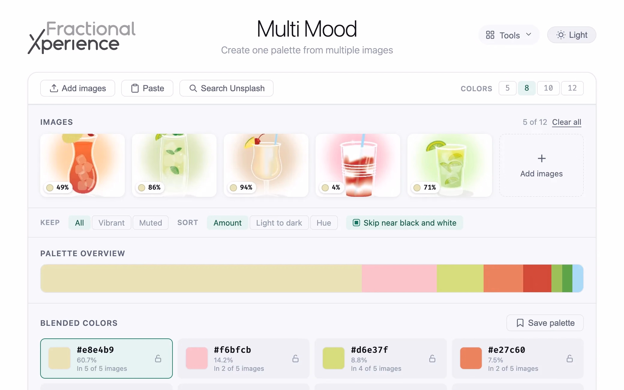 Multi Mood blending an eight-color palette from five illustrated cocktails, with each color’s percentage and image count.