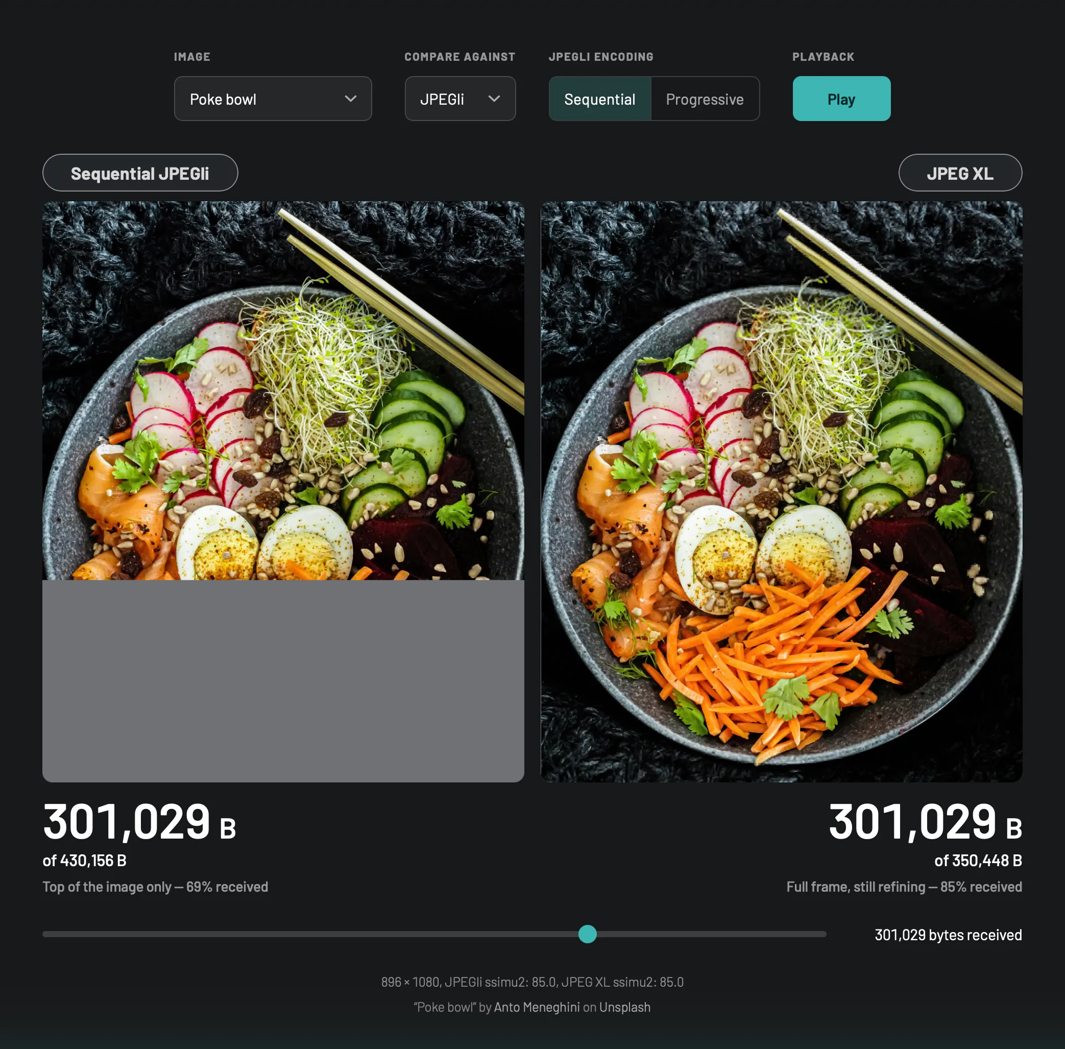 The progressive-loading demo comparing a partially decoded sequential JPEGli image with a refining JPEG XL image of a poke bowl.