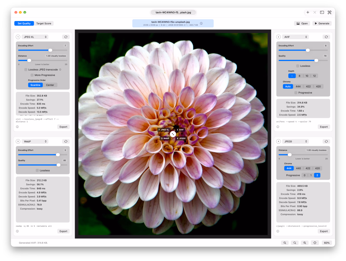 pXL Compare showing a dahlia photo split into four quadrants encoded as JPEG XL, AVIF, WebP and JPEGli. Each codec’s panel lists its settings, file size, savings, encode and decode speed, and SSIMULACRA2 score.