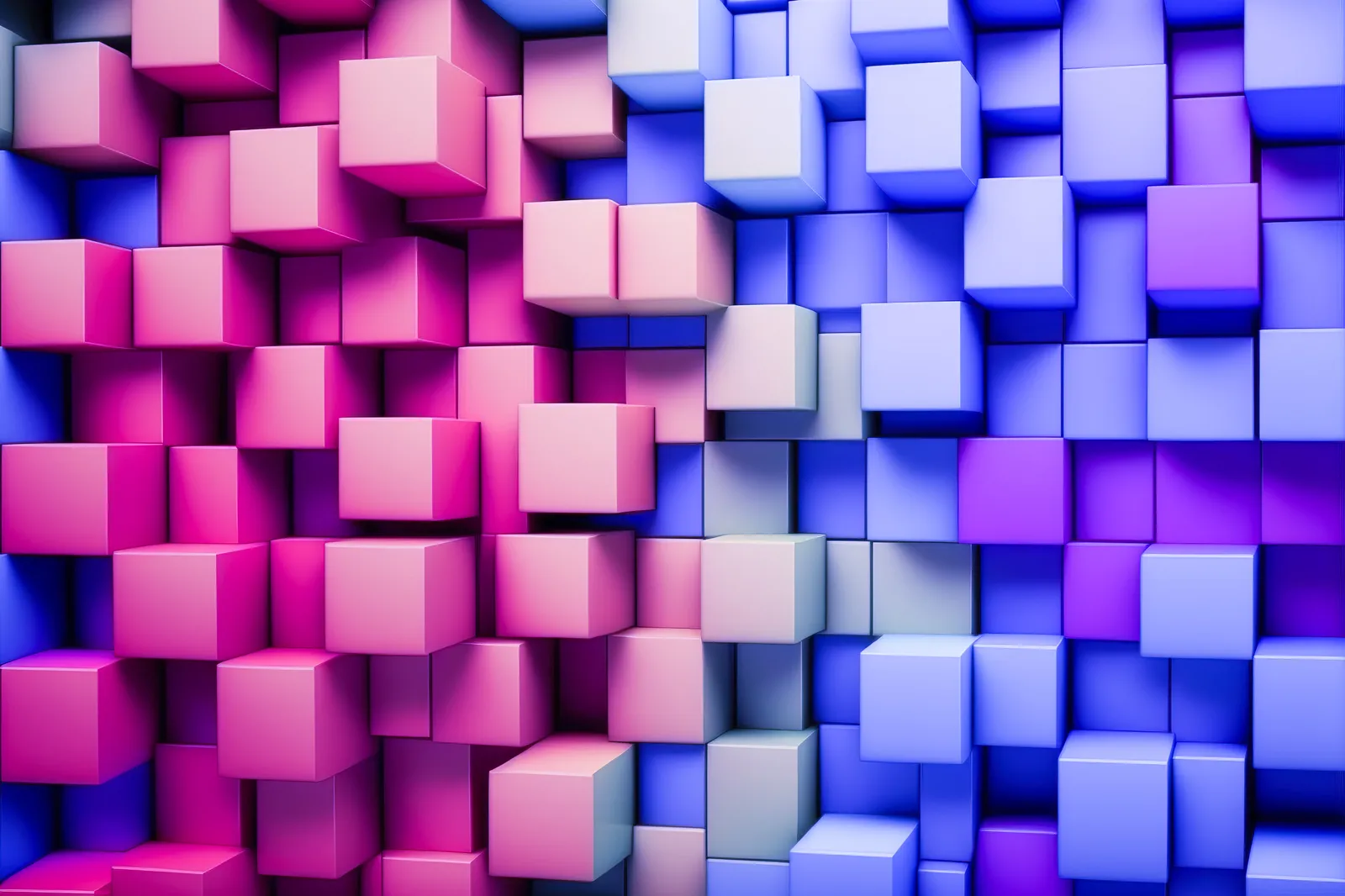 A wall of extruded 3D cubes at varying depths, shifting from magenta on the left to blue on the right.